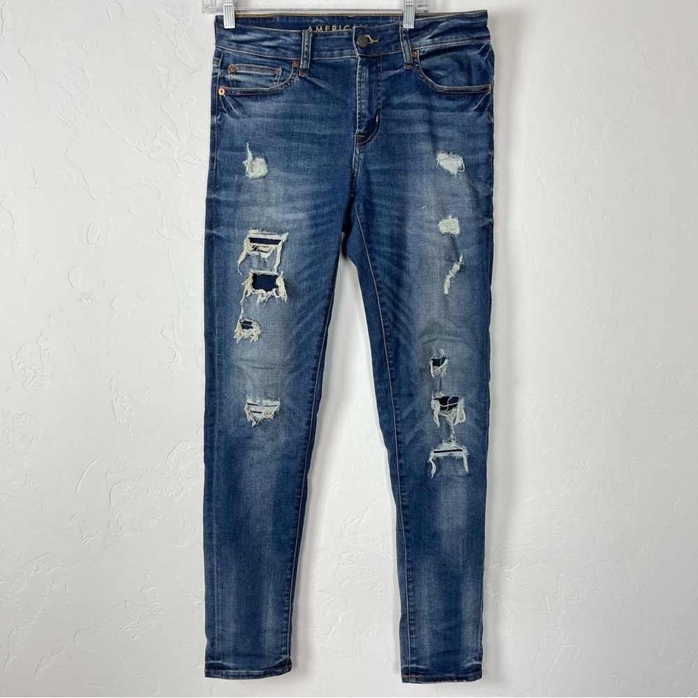 American Eagle Jeans Denim Dark Wash Blue Skinny Distressed Ripped Holes‎ Cotton
